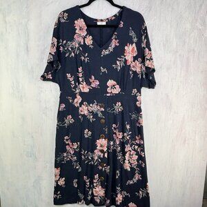 J Jill Midi Dress Sz L Blue Floral Short Sleeve Pockets V Neck Pullover